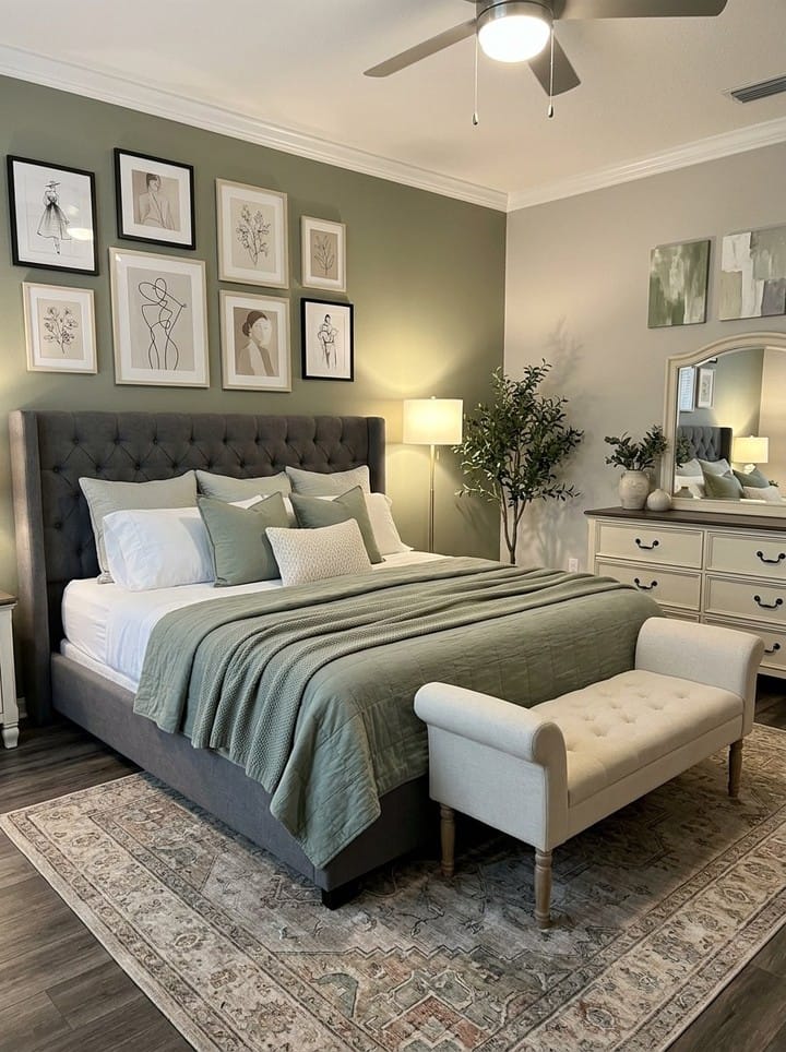 Bedroom Decor Ideas sage green accent wall with tufted grey upholstered bed and Persian rug